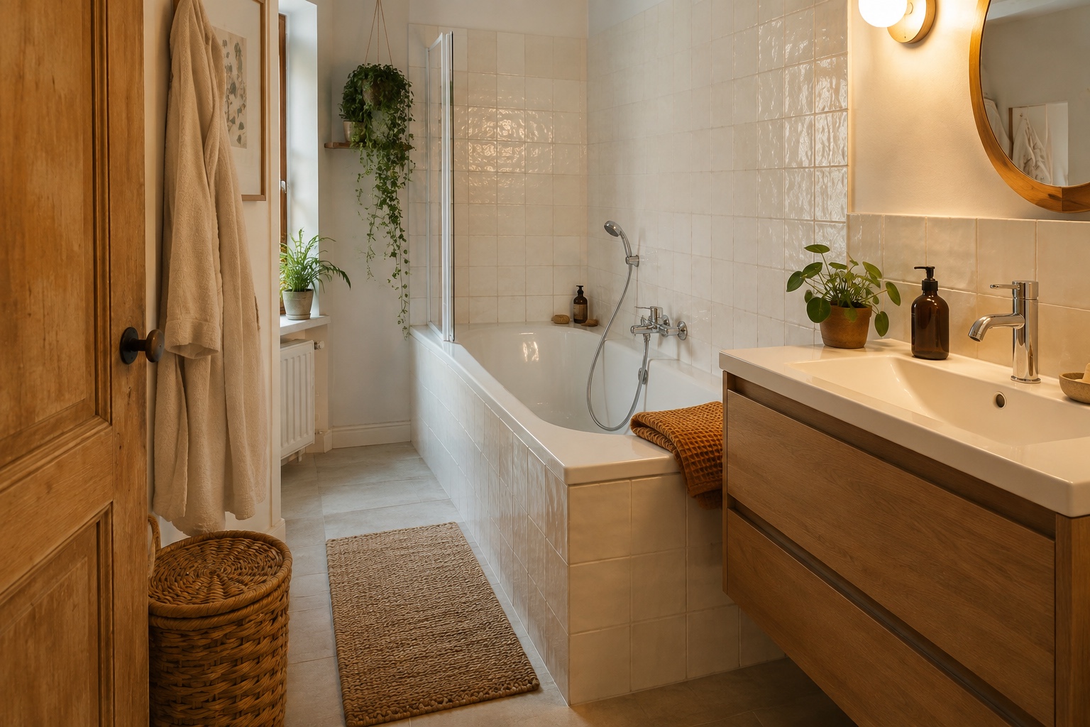 Freundliches kleines Bad mit Badewanne, warmem Holz und praktischem Stauraum