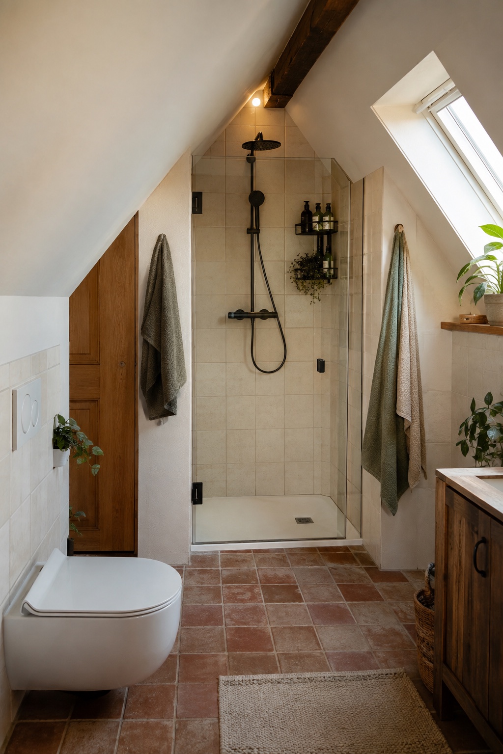 Dusche mit freier Stehhöhe am Giebel eines kleinen Dachbads