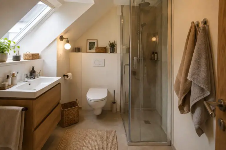 Helles bewohntes kleines Bad mit Dachschräge, Holzdetails, Dusche und warmem Licht