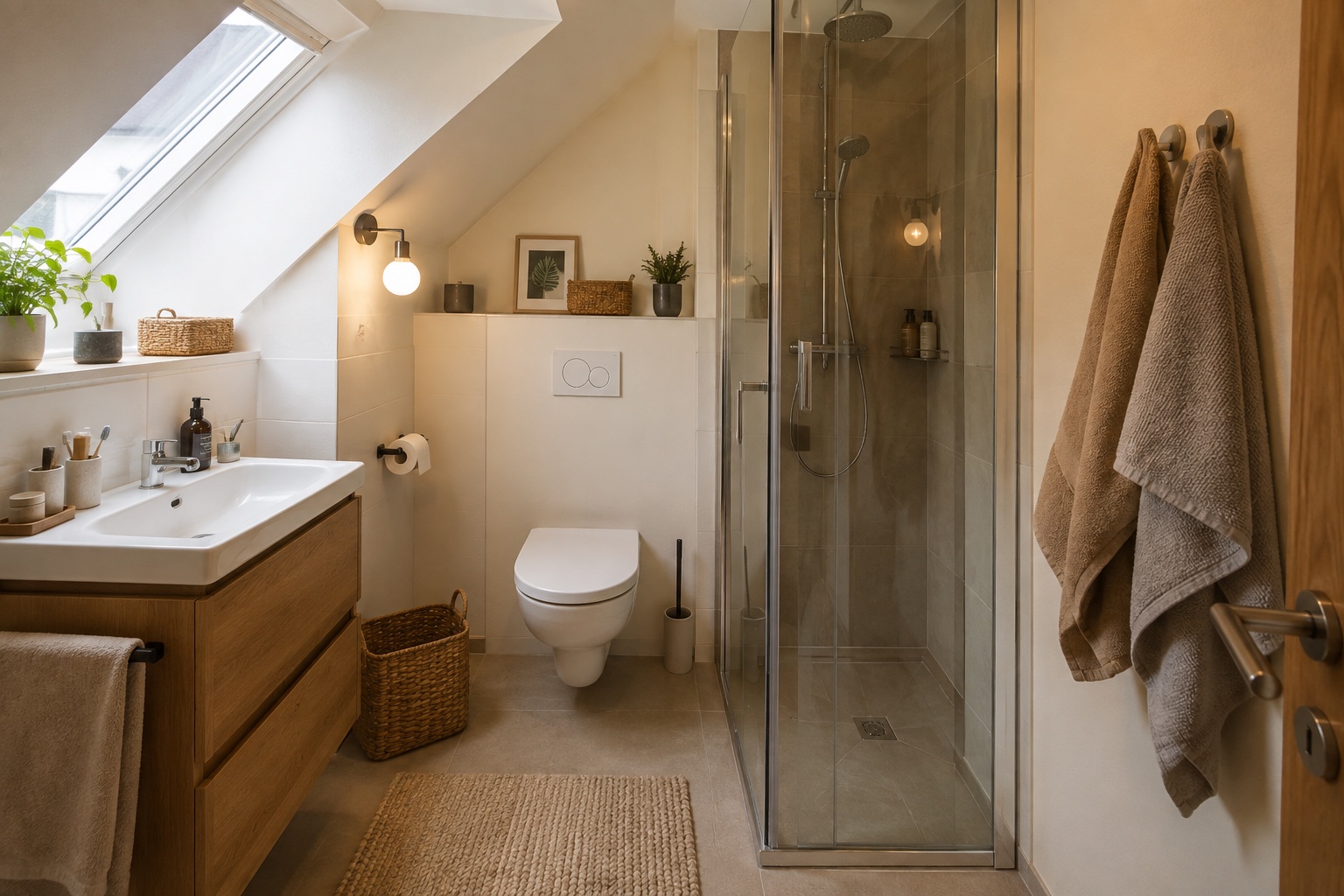 Helles bewohntes kleines Bad mit Dachschräge, Holzdetails, Dusche und warmem Licht