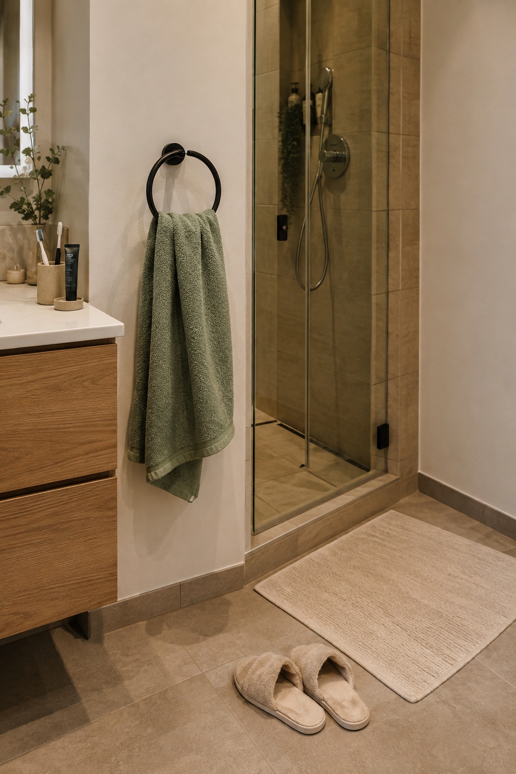 Handtuchring hängt griffbereit am trockenen Ausgang der Dusche