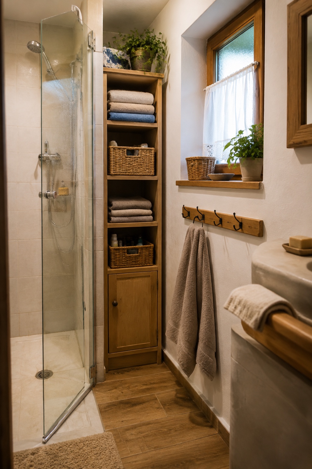 Schmaler Badschrank nutzt eine trockene Nische neben der Dusche