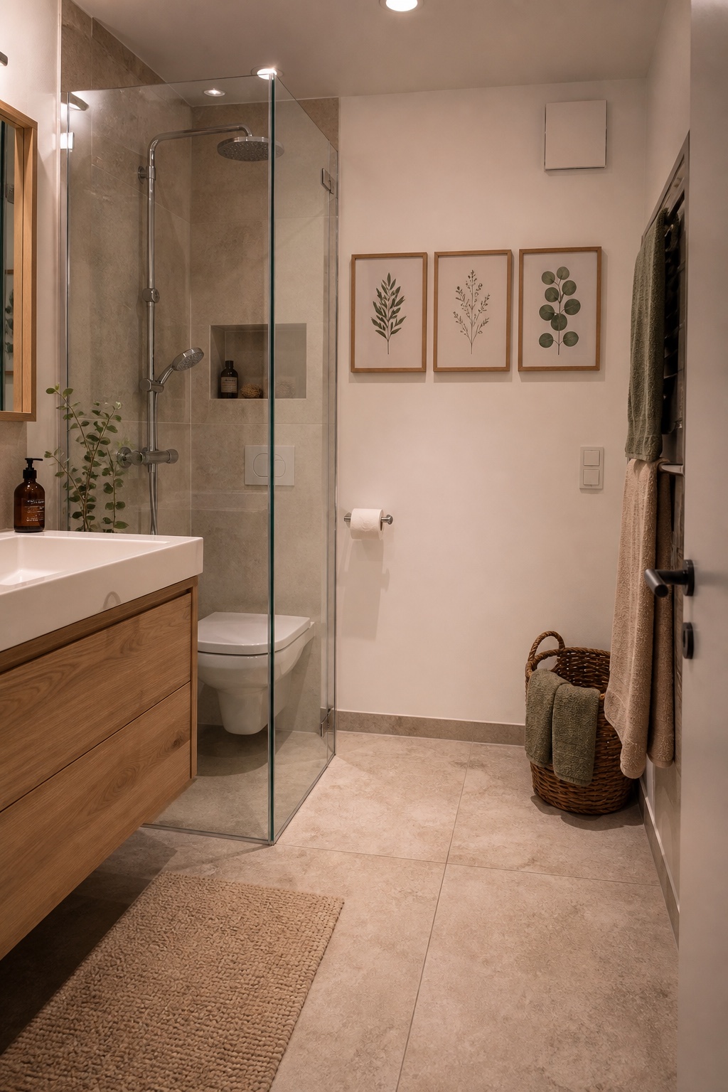 Drei helle Bilder gestalten die trockene Wand neben der Dusche