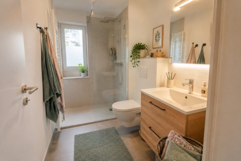 Freundliches kleines Badezimmer mit Glasdusche, Holzwaschtisch und Handtüchern