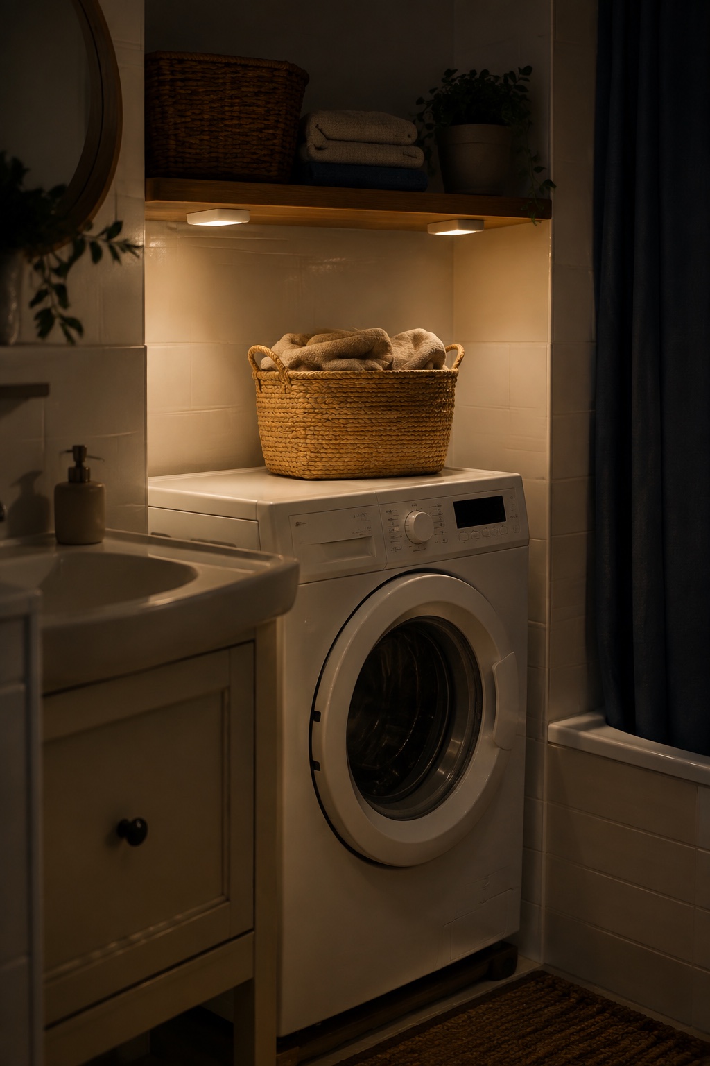 Zwei kleine warmweiße Leuchten unter einem Regal über der Waschmaschine