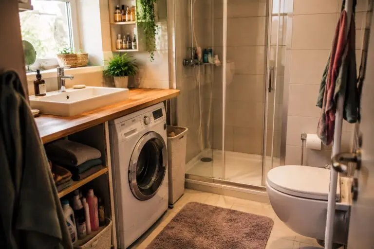 Bewohntes kleines Bad mit Waschmaschine, warmem Holz, Körben und freiem Laufweg