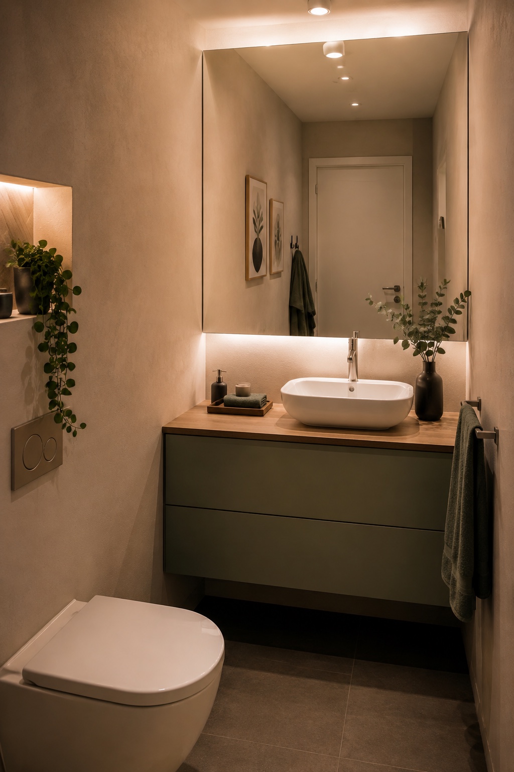 Großer Wandspiegel reflektiert warmes Licht in einem fensterlosen Bad