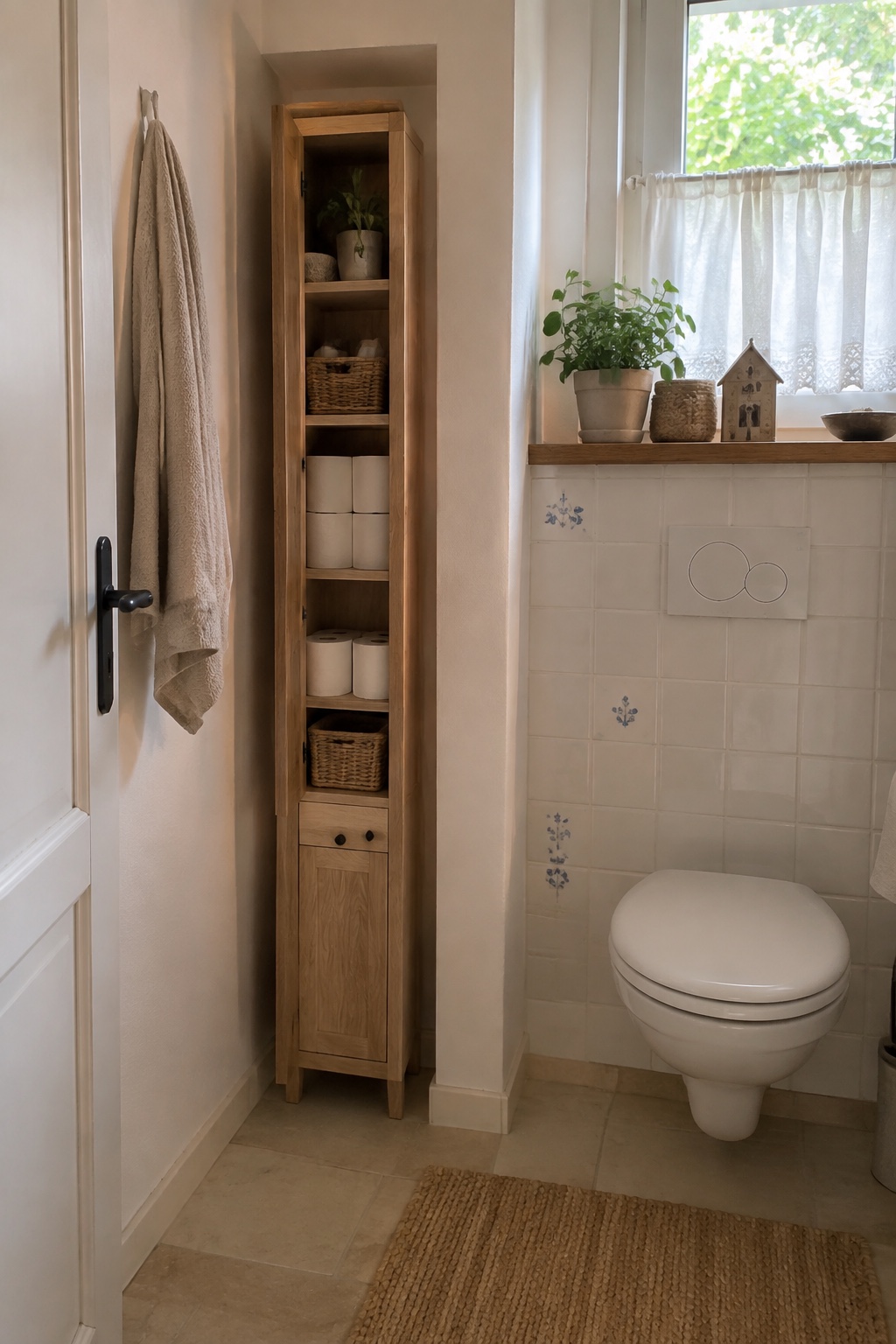 Sehr schmaler Badschrank in einer freien Nische neben der Toilette