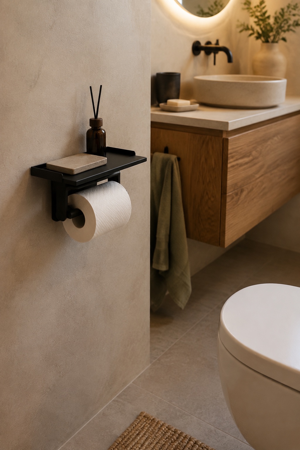 Toilettenpapierhalter mit kleiner Ablage für Handy und Duftflakon