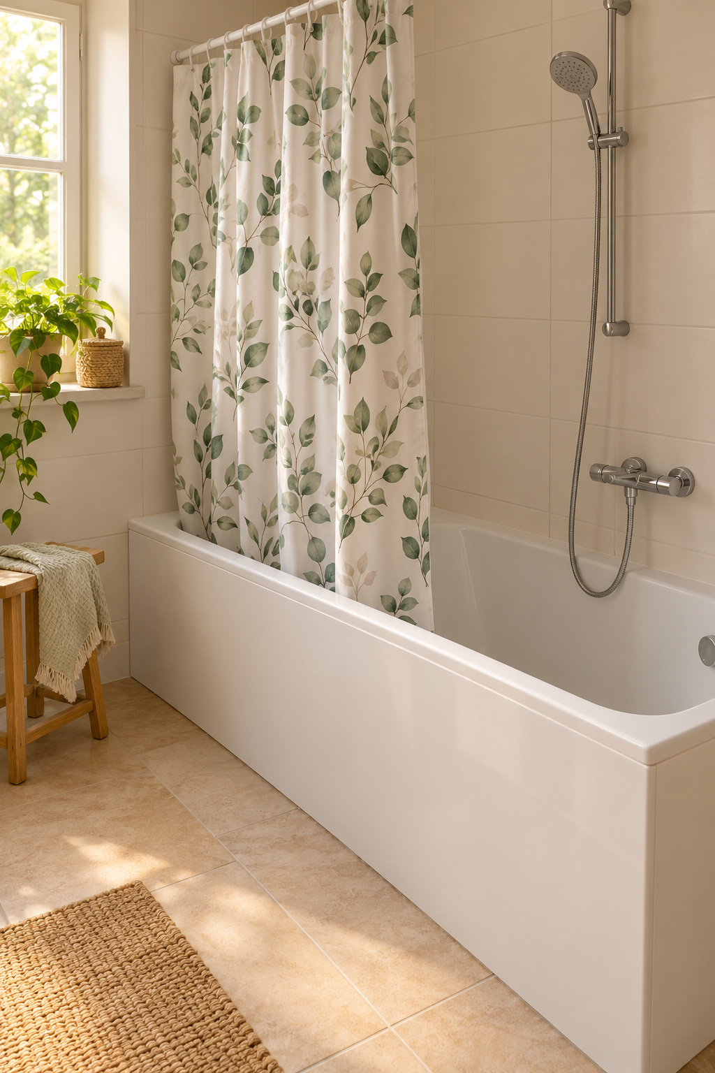 Duschvorhang mit grünem Blättermuster hängt innerhalb der Badewanne
