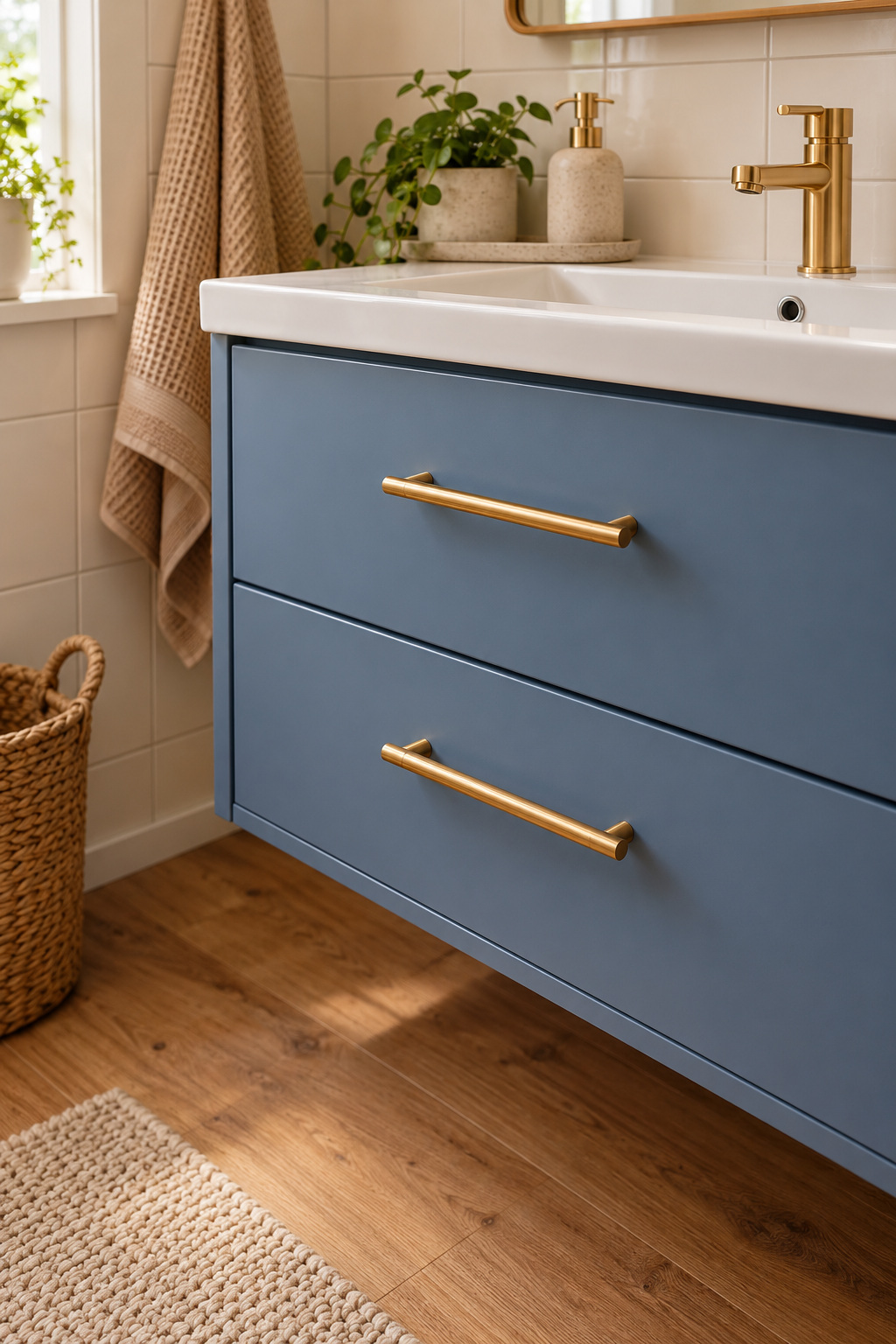 Goldfarbene Stangengriffe an einem blauen Badschrank