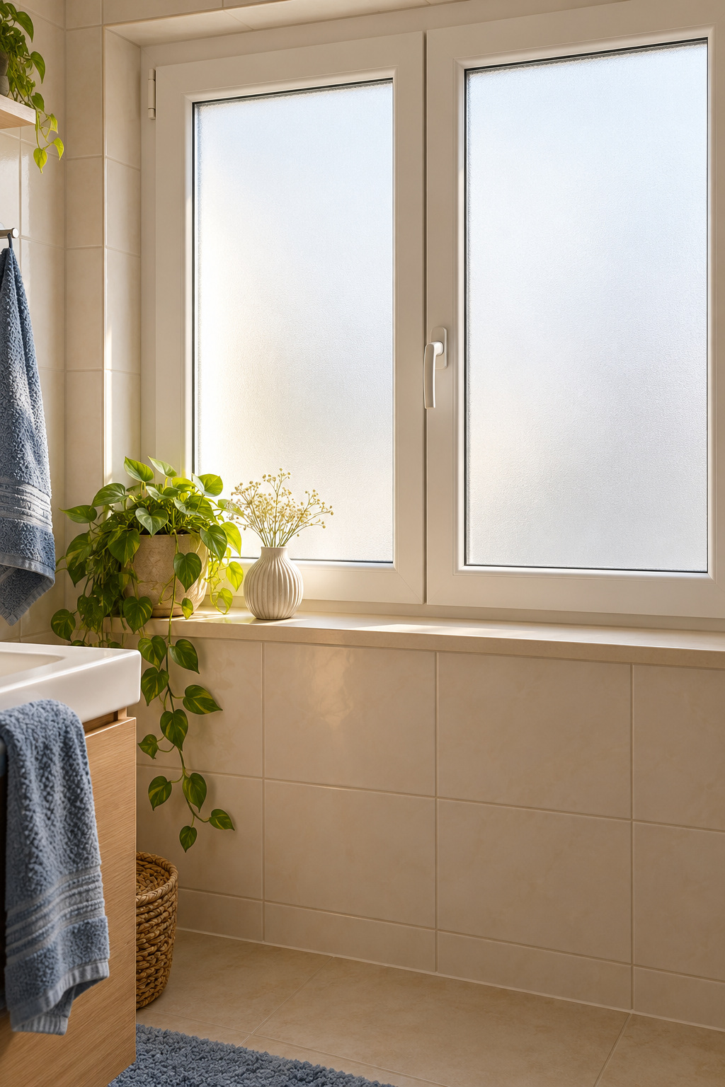 Mattierte Fensterflächen mit frei zugänglichem Fenstergriff im Badezimmer