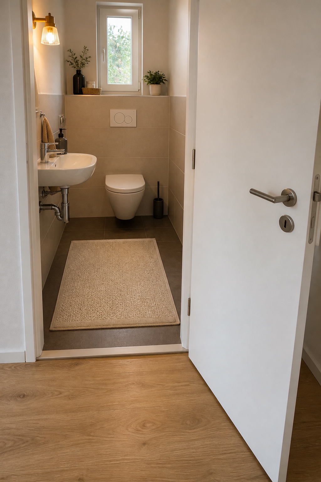 Kleine beige Badematte vor dem Waschbecken außerhalb des Türschwenkbereichs