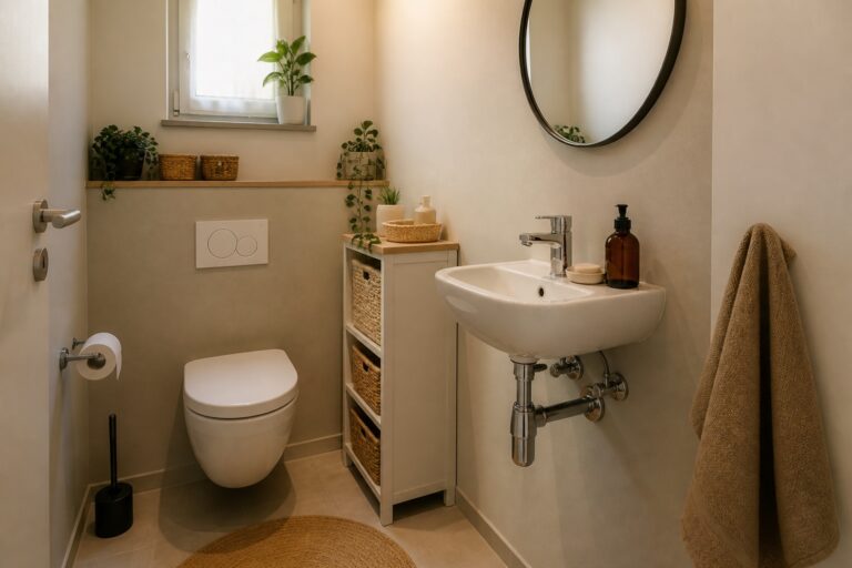 Kleines bewohntes Gäste-WC mit wandhängendem WC und schmalem Waschbecken