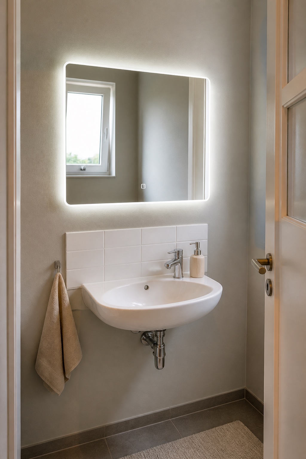 Heller Waschplatz im kleinen Gäste-WC mit rechteckigem LED Badspiegel