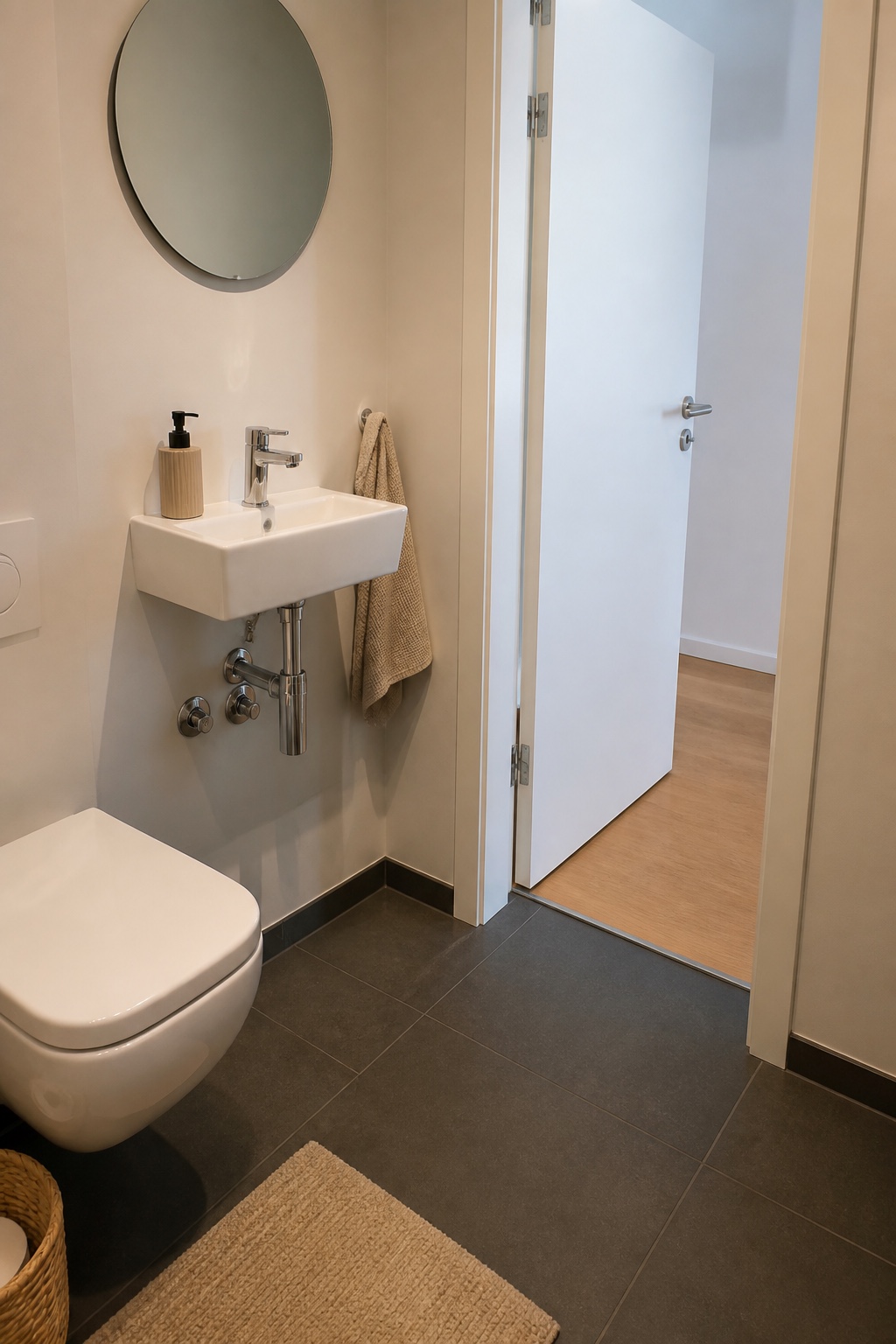 Schmales wandhängendes Miniwaschbecken neben einer nach außen geöffneten Tür im kleinen Gäste-WC