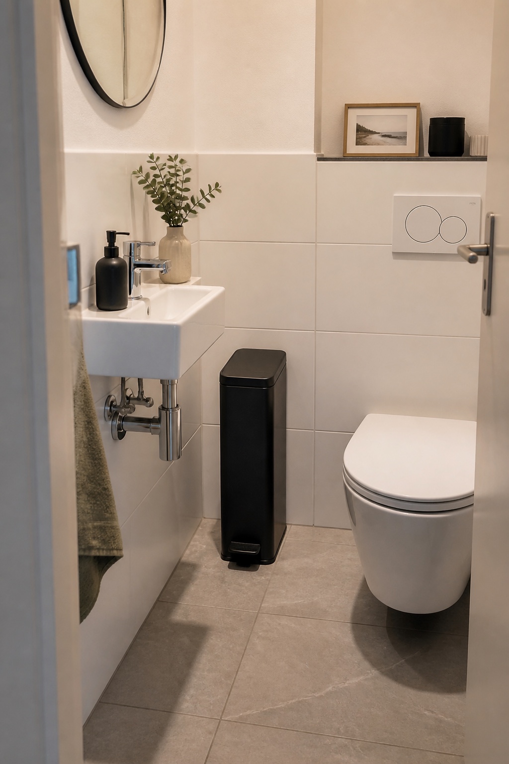 Schmaler rechteckiger Mülleimer mit Deckel seitlich zwischen Waschbecken und WC