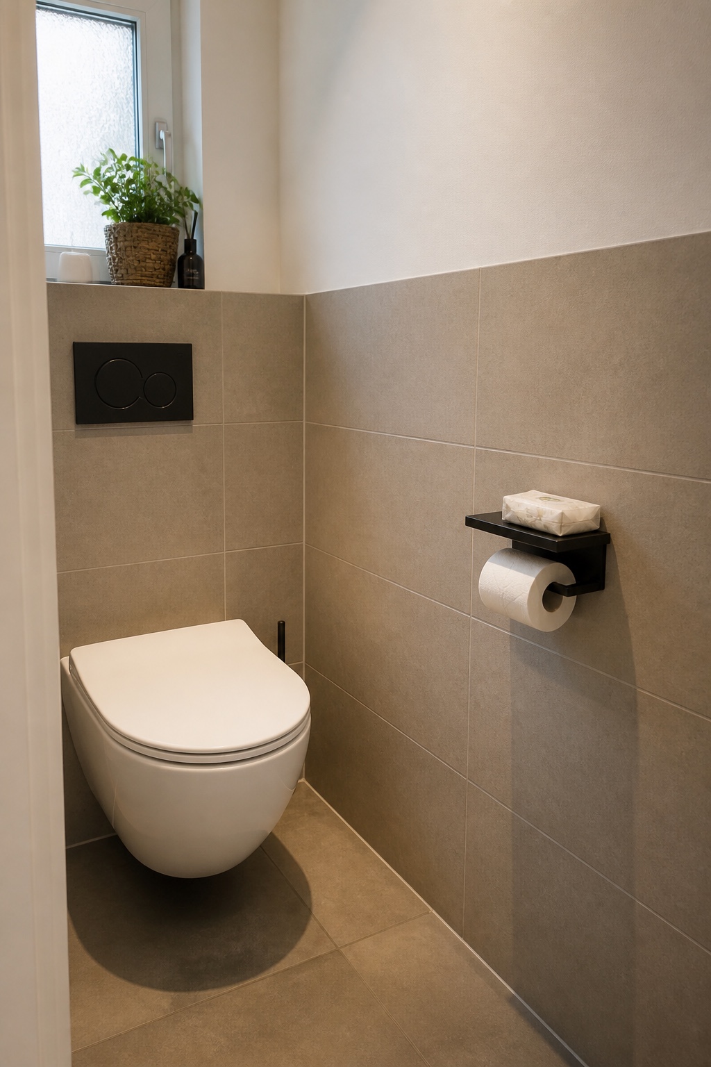 Schwarzer Toilettenpapierhalter mit kleiner Ablage neben dem WC