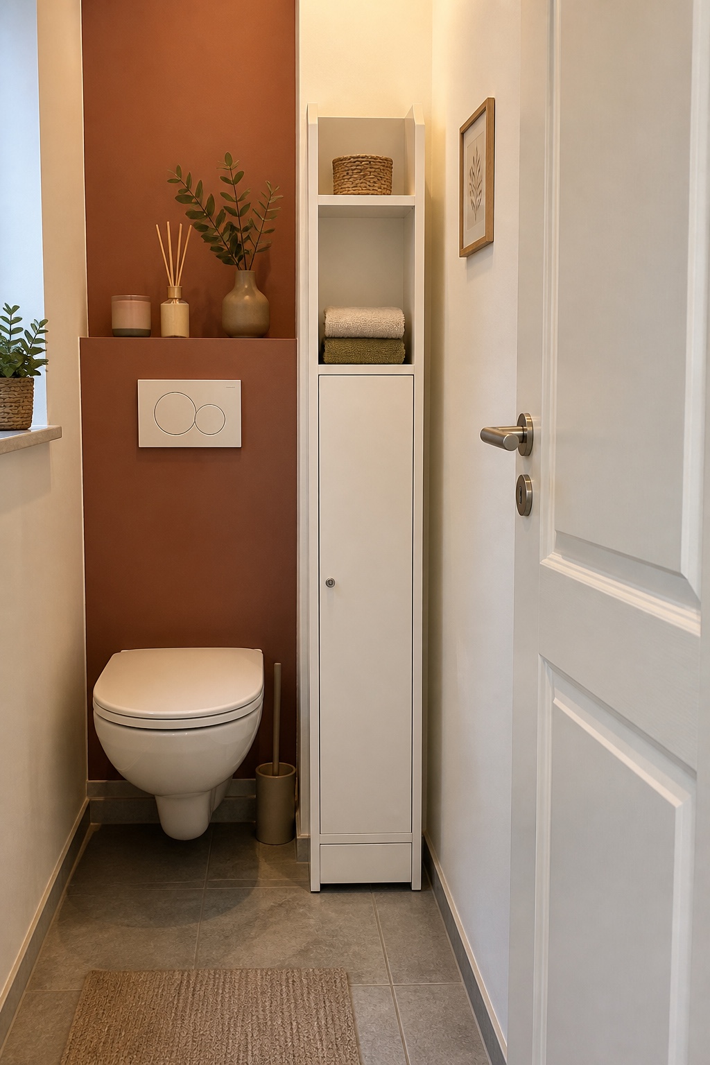 Sehr schmaler weißer Badschrank neben dem WC in einem kleinen Gäste-WC