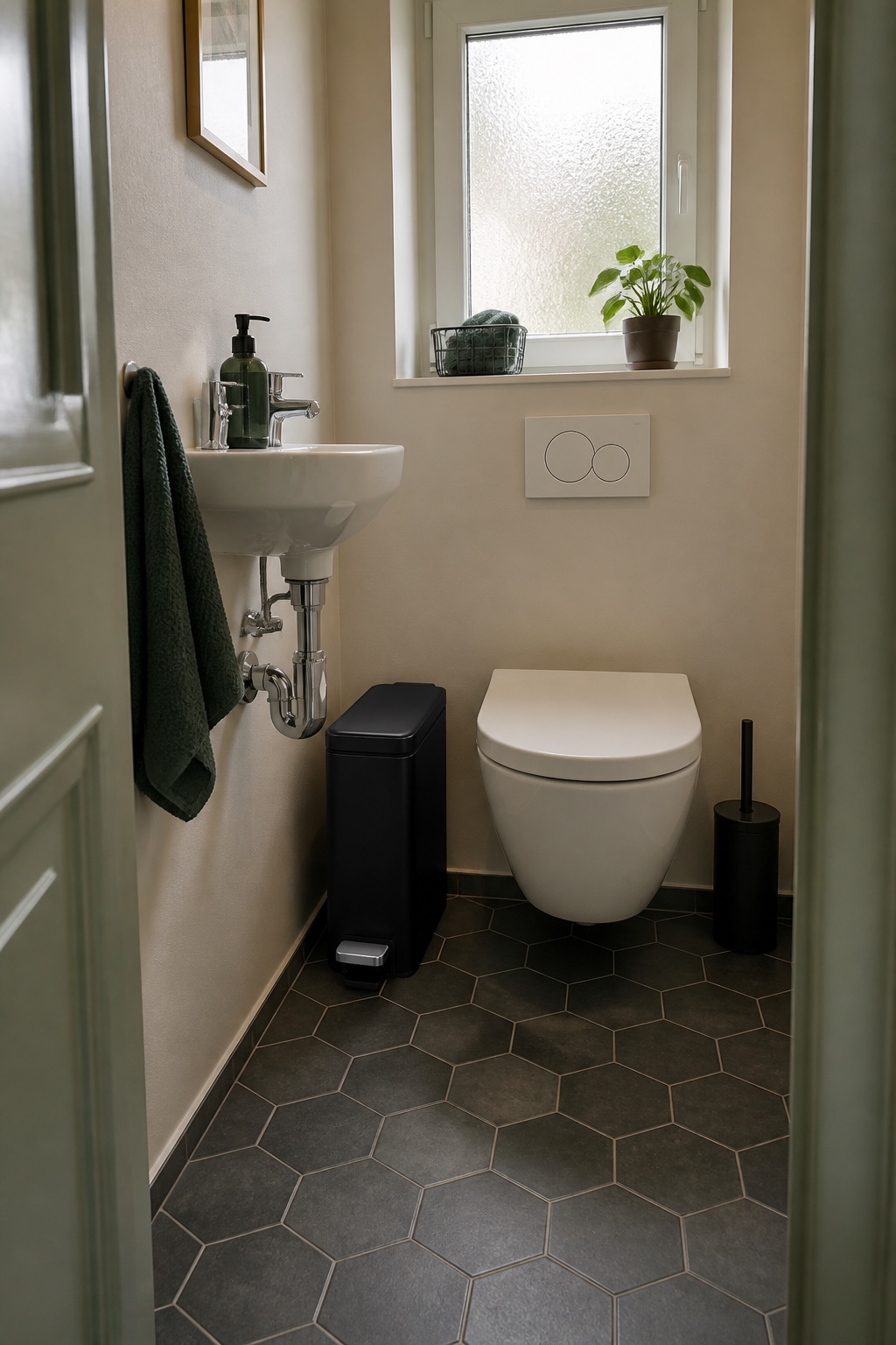 Schmaler schwarzer Mülleimer zwischen Waschbecken und WC