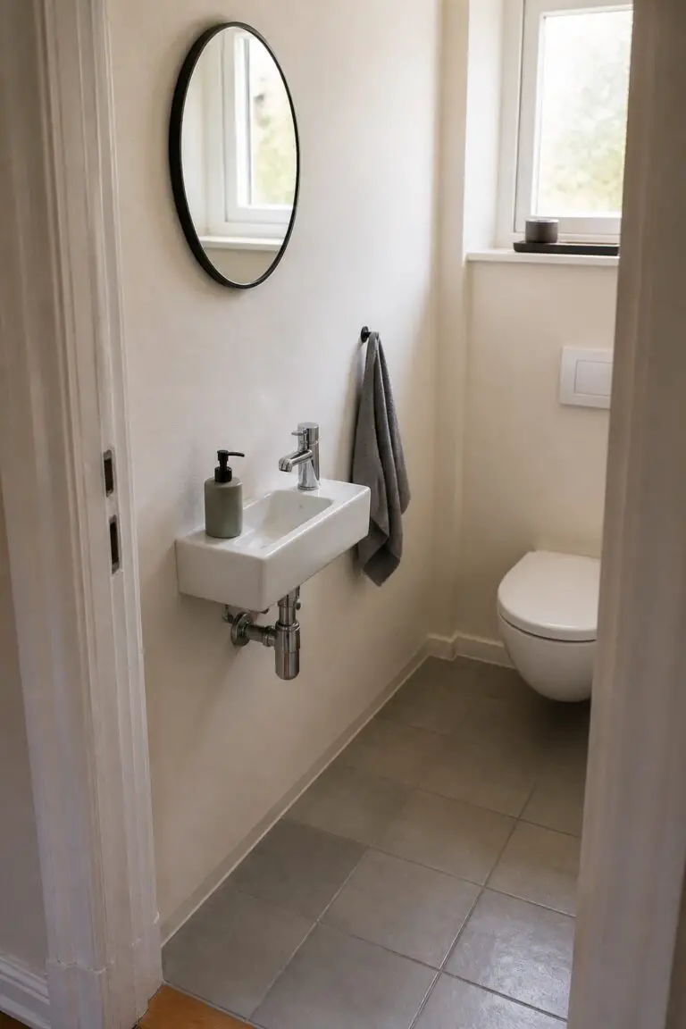 Kleines Gäste WC mit schmalem wandhängendem Miniwaschbecken