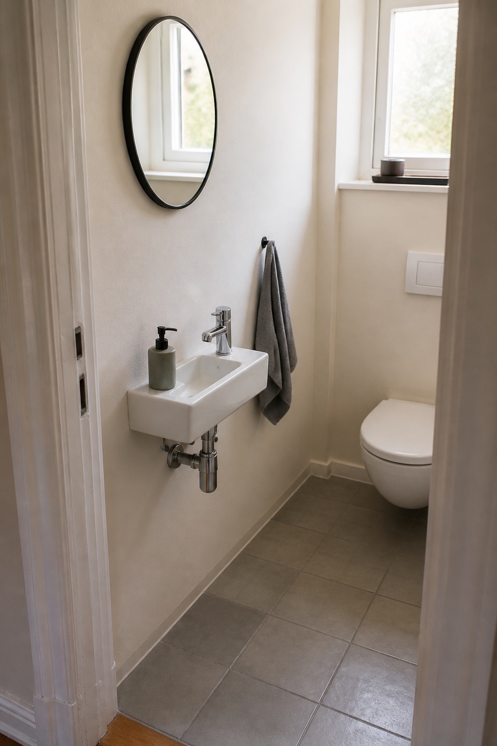 Kleines Gäste WC mit schmalem wandhängendem Miniwaschbecken