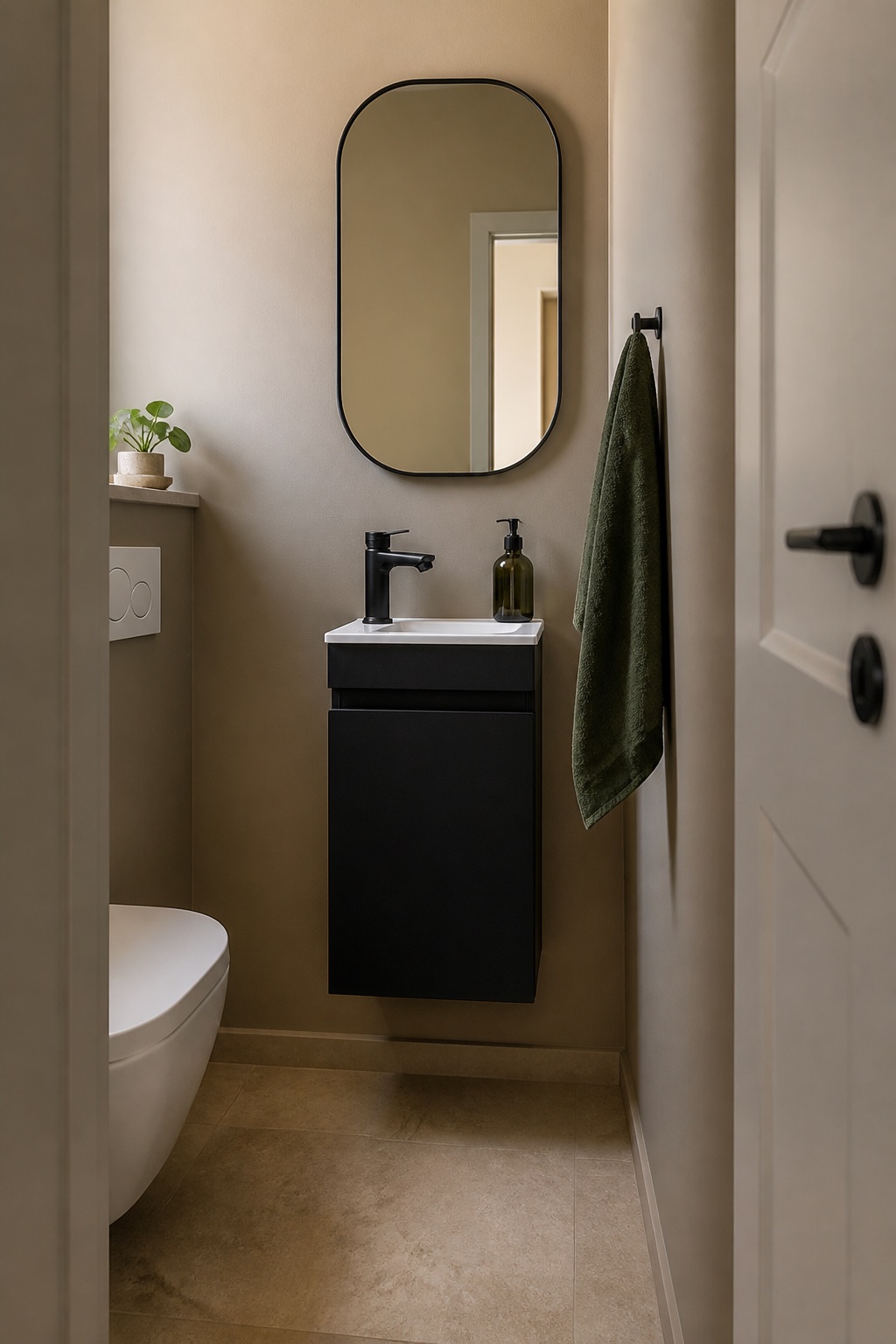 Kleines Gäste-WC mit schwarzem wandhängendem Waschtisch