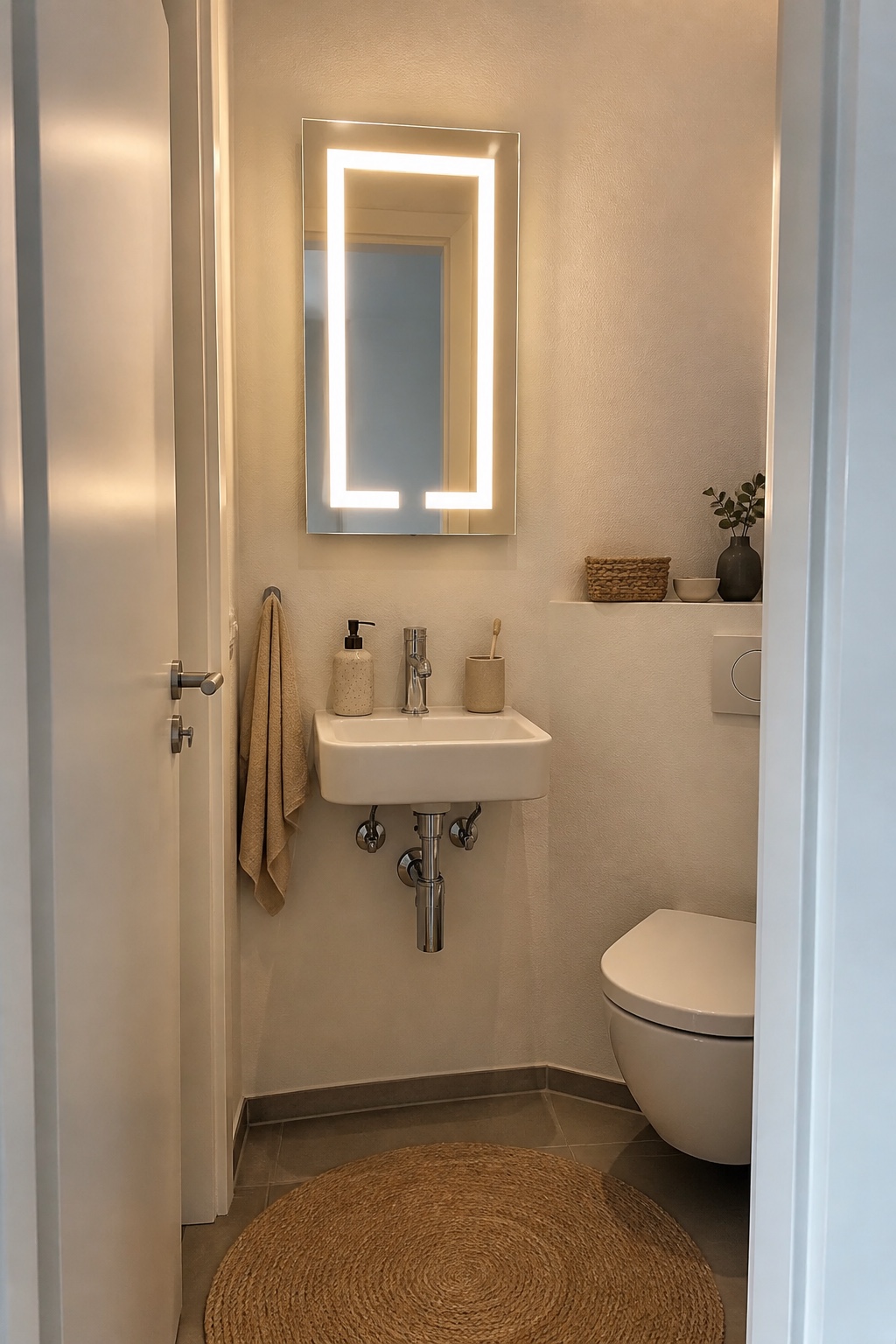 Kleines deutsches Gäste-WC mit beleuchtetem schmalem Spiegelschrank