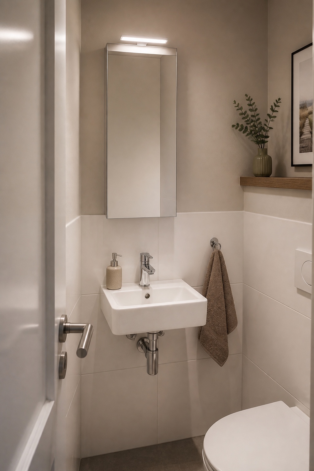 Schmaler beleuchteter Spiegelschrank über einem kleinen Waschbecken im Gäste-WC