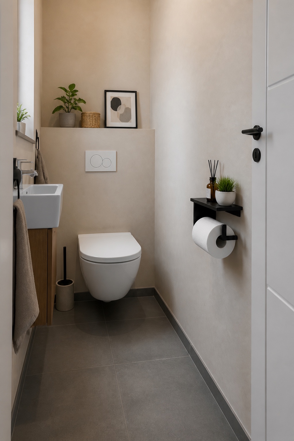 Schwarzer Toilettenpapierhalter mit Ablage im kleinen Gäste-WC
