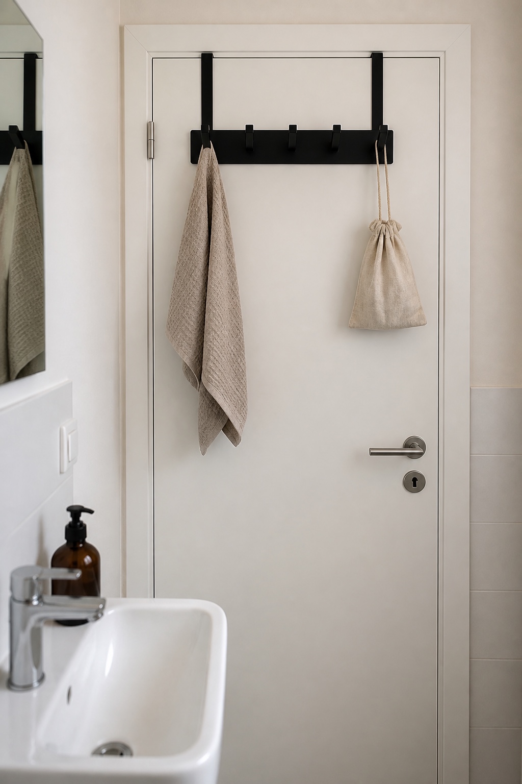 Schwarze Türhakenleiste auf der Innenseite einer geschlossenen weißen Gäste-WC Tür