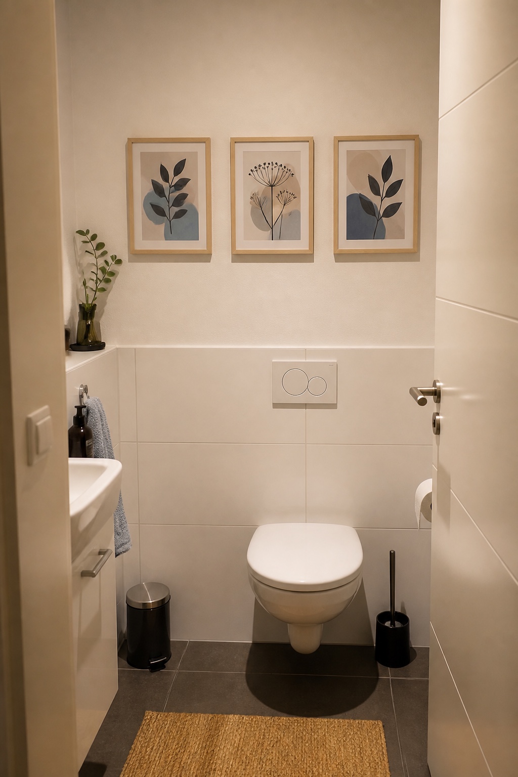 Drei kleine gerahmte Bilder gleichmäßig über dem WC angeordnet