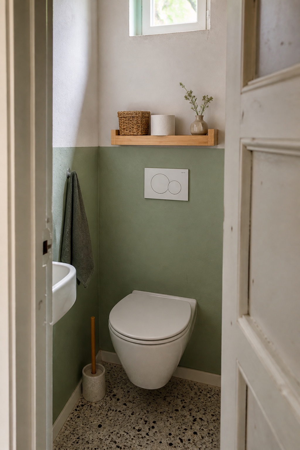 Bewohntes kleines Gäste-WC mit Bambus Wandregal über dem WC