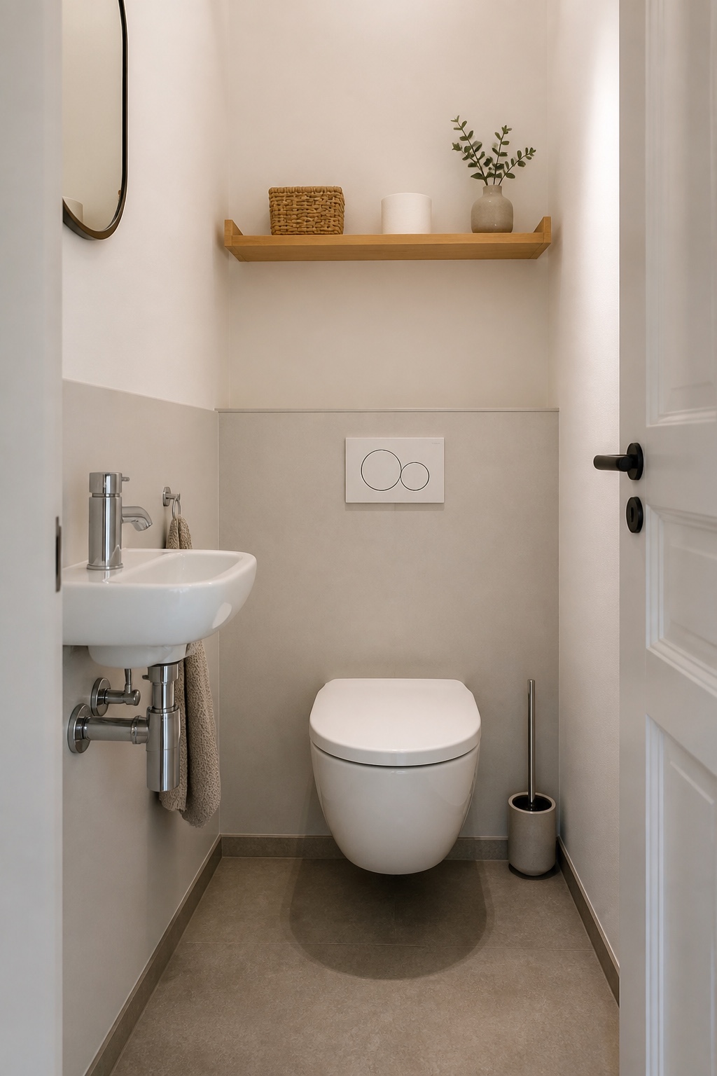 Schmales Bambus-Wandregal sicher über dem WC in einem kleinen Gäste-WC