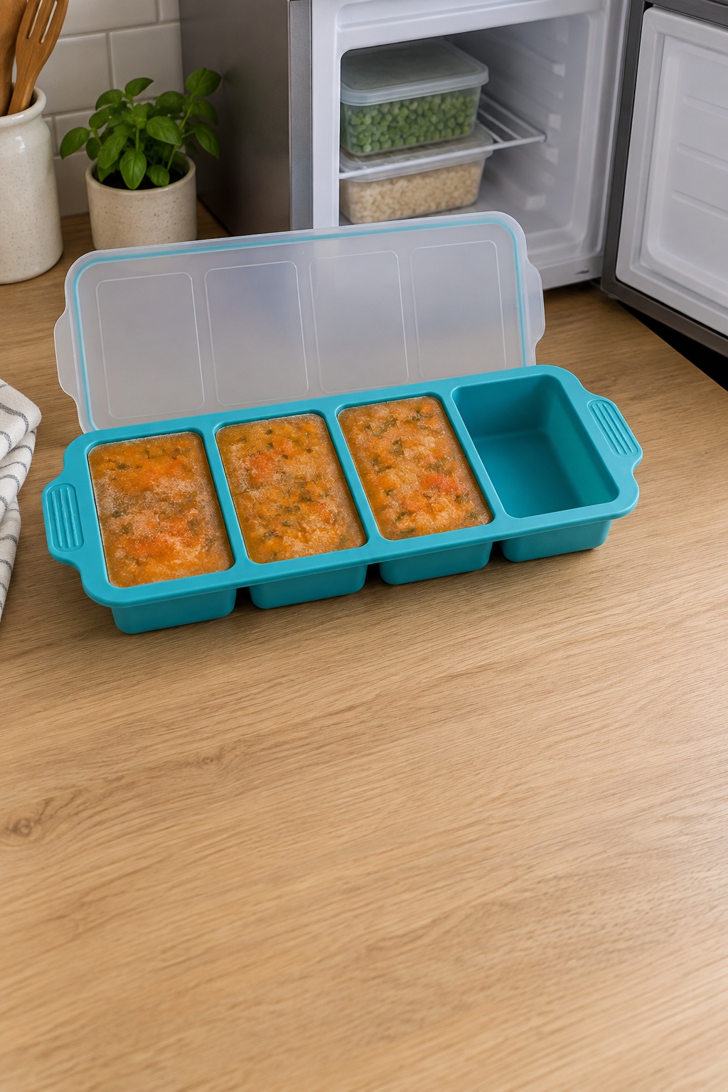 Teile Suppe in einzeln entnehmbare Portionen im kleinen Gefrierbereich