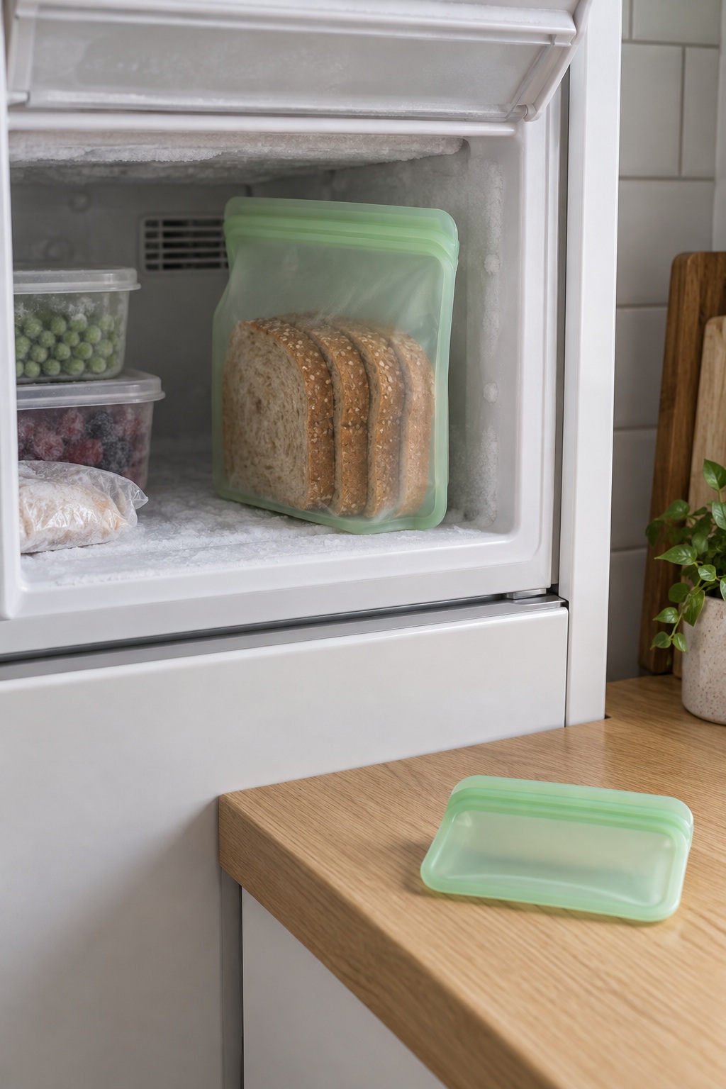 Packe Brot in entnehmbare Scheibenportionen im kleinen Gefrierbereich