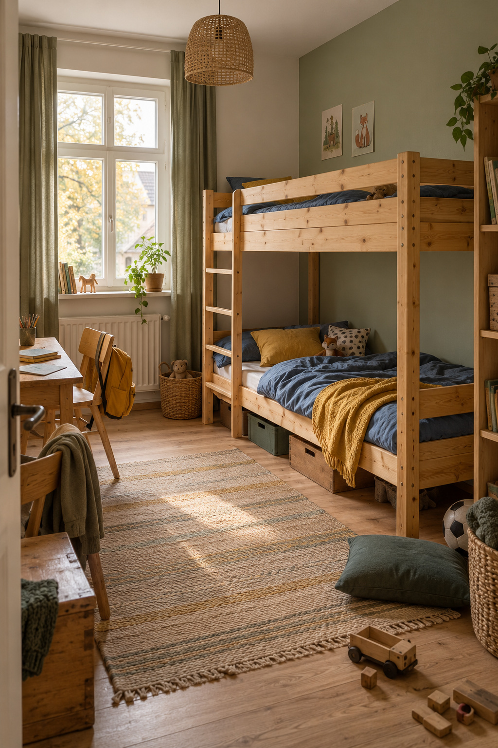 Etagenbett aus Naturholz mit freier Leiter im kleinen Geschwisterzimmer