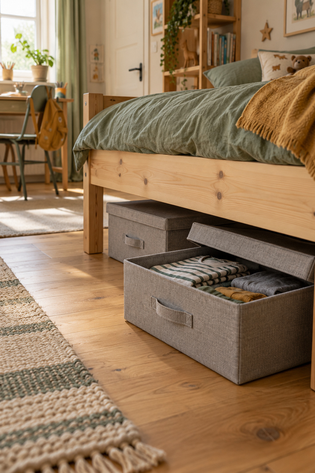 Graue flache Stoffboxen unter einem Holz-Kinderbett