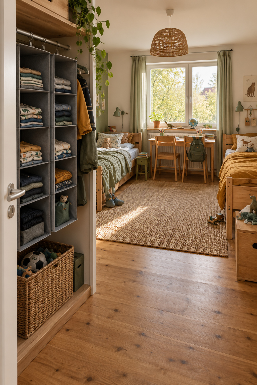 Zwei graue textile Hängeregale nebeneinander im gemeinsamen Kleiderschrank