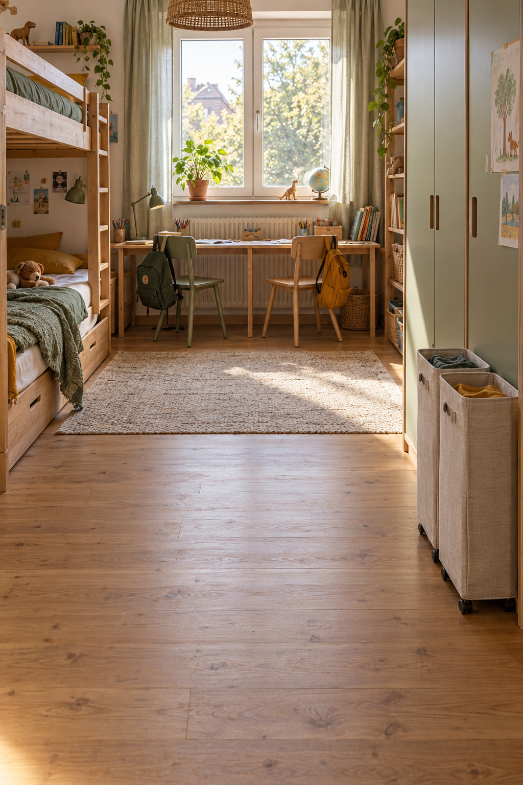 Zwei schmale beige Wäschekörbe neben dem gemeinsamen Kleiderschrank