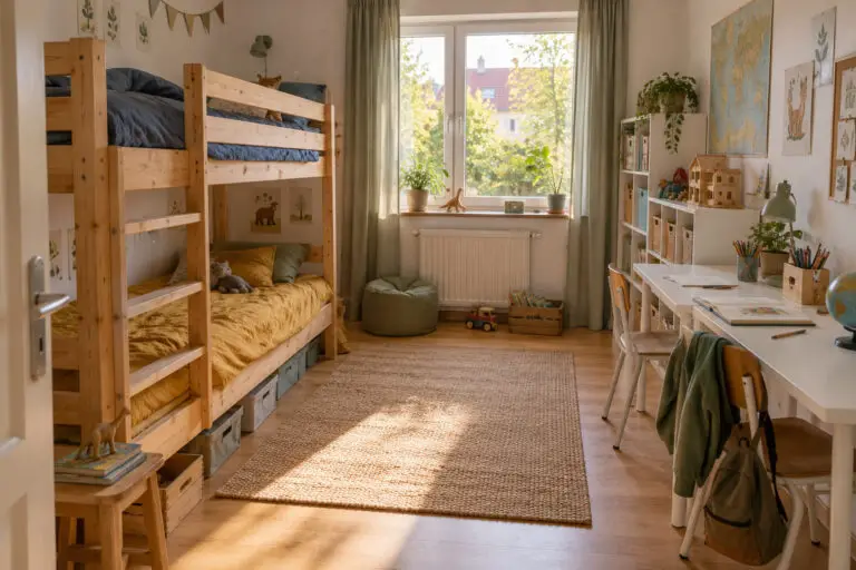 Kleines Geschwisterzimmer mit Etagenbett, zwei Arbeitsplätzen und freier Spielfläche