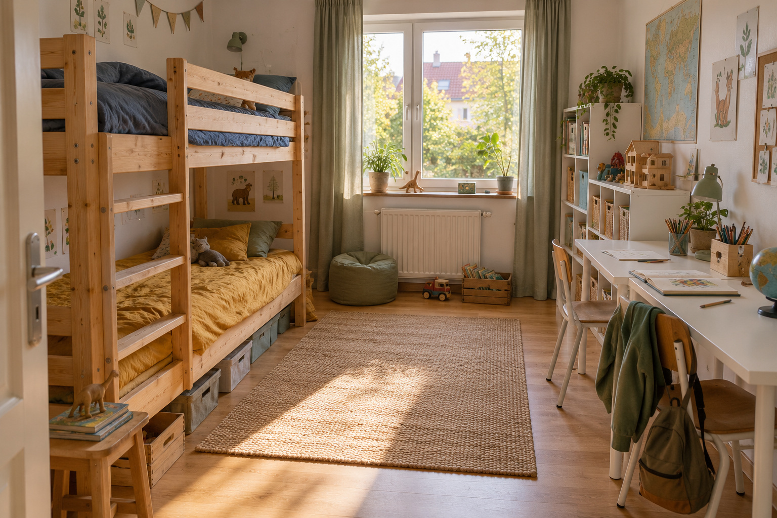 Kleines Geschwisterzimmer mit Etagenbett, zwei Arbeitsplätzen und freier Spielfläche