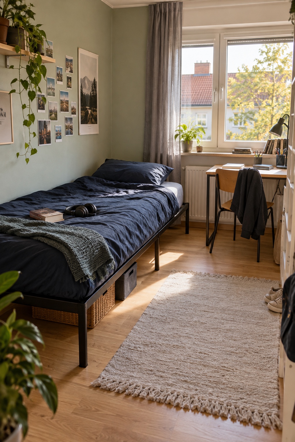 Schwarzes Metallbett längs an der Wand im kleinen Jugendzimmer
