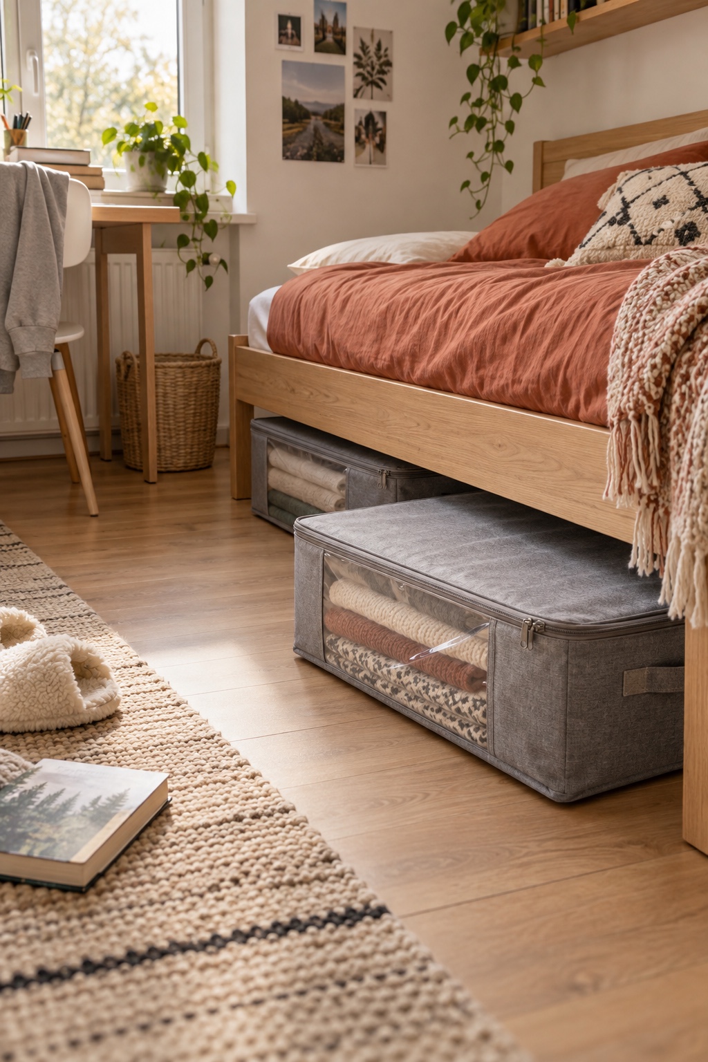 Graue Unterbetttaschen mit Sichtfenstern unter einem Holz-Einzelbett