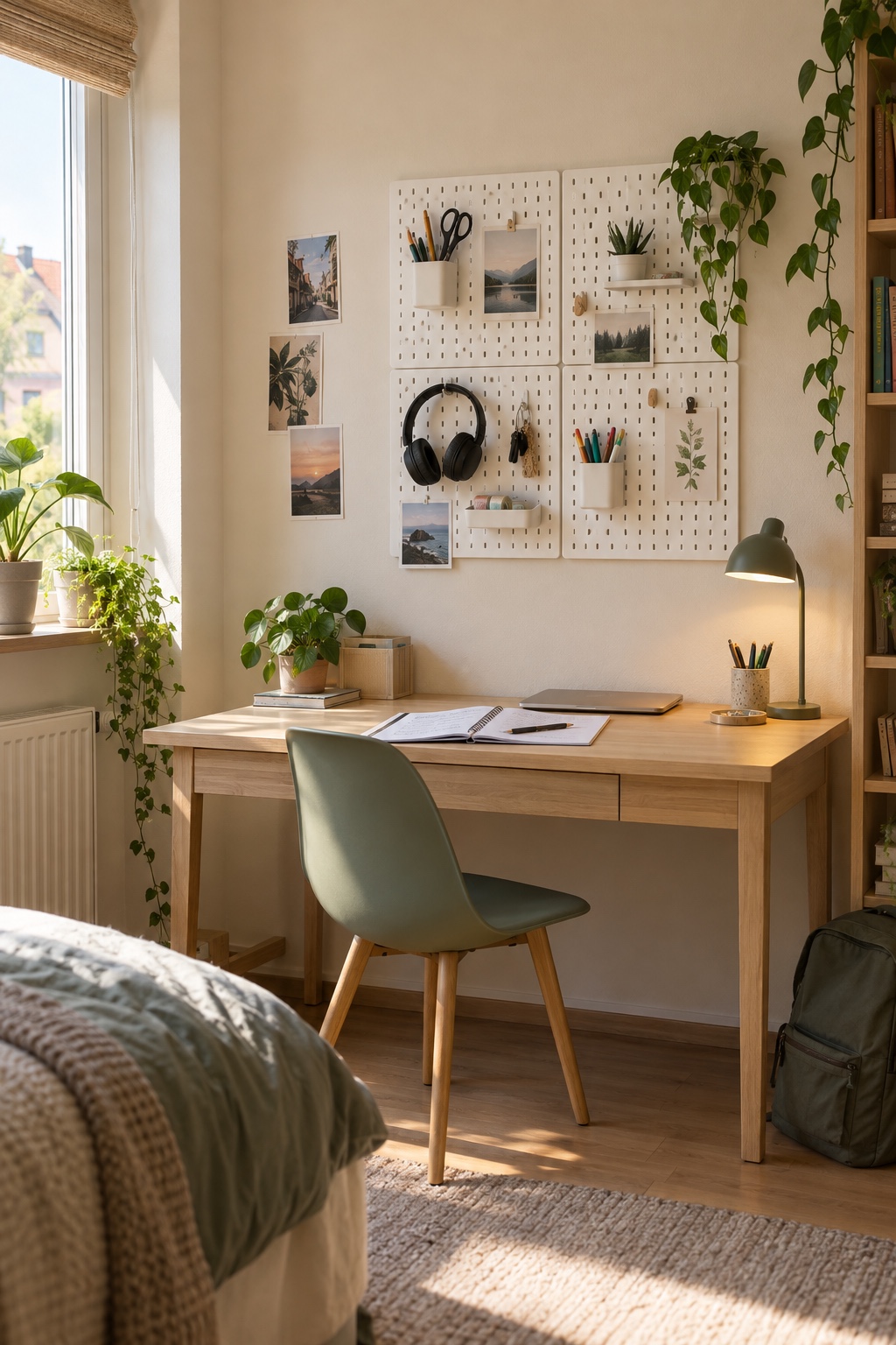 Weiße Stecktafel mit Bechern und Haken über einem Schreibtisch