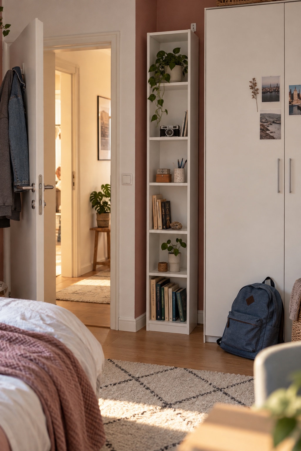 Schmales weißes Bücherregal in einer Nische neben dem Schrank