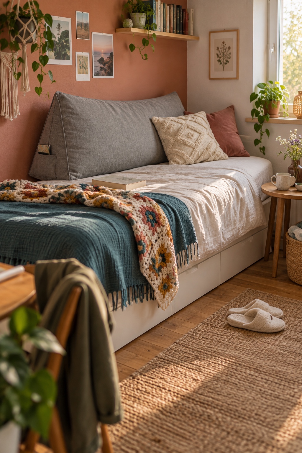Graues Keilkissen als Rückenlehne auf einem Einzelbett