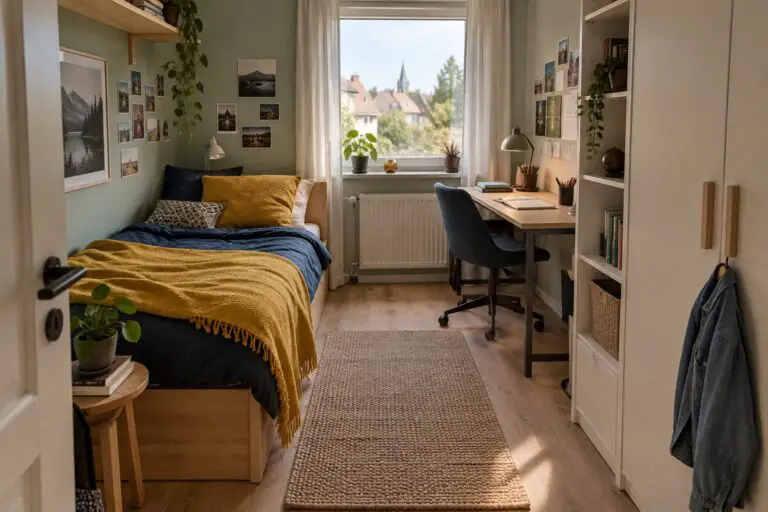 Kleines Jugendzimmer mit Bett an der Wand, Arbeitsplatz und freiem Mittelgang