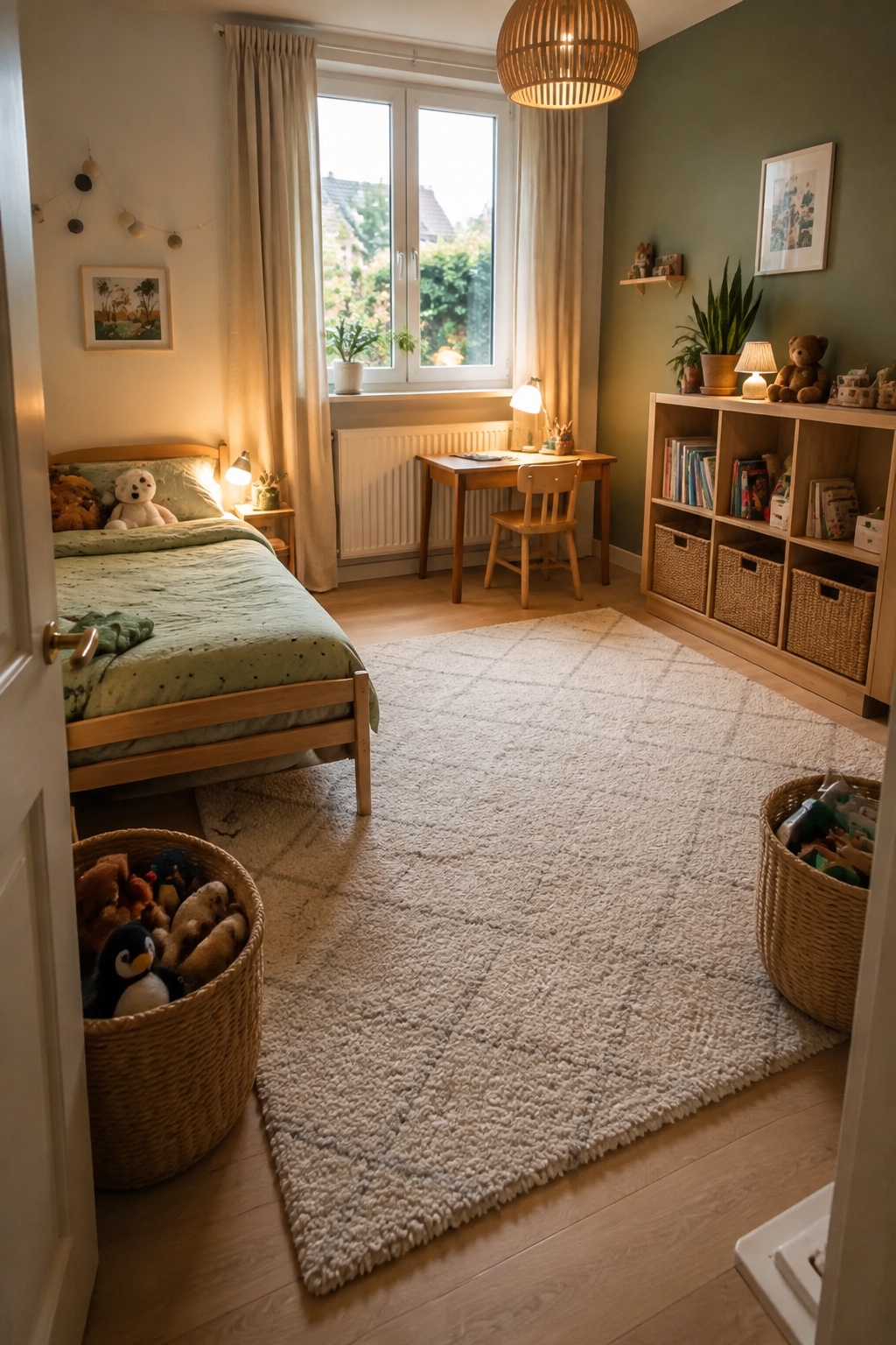 Echtes bewohntes Kinderzimmer mit freier Teppichmitte und zwei Spielzeugkörben am Rand