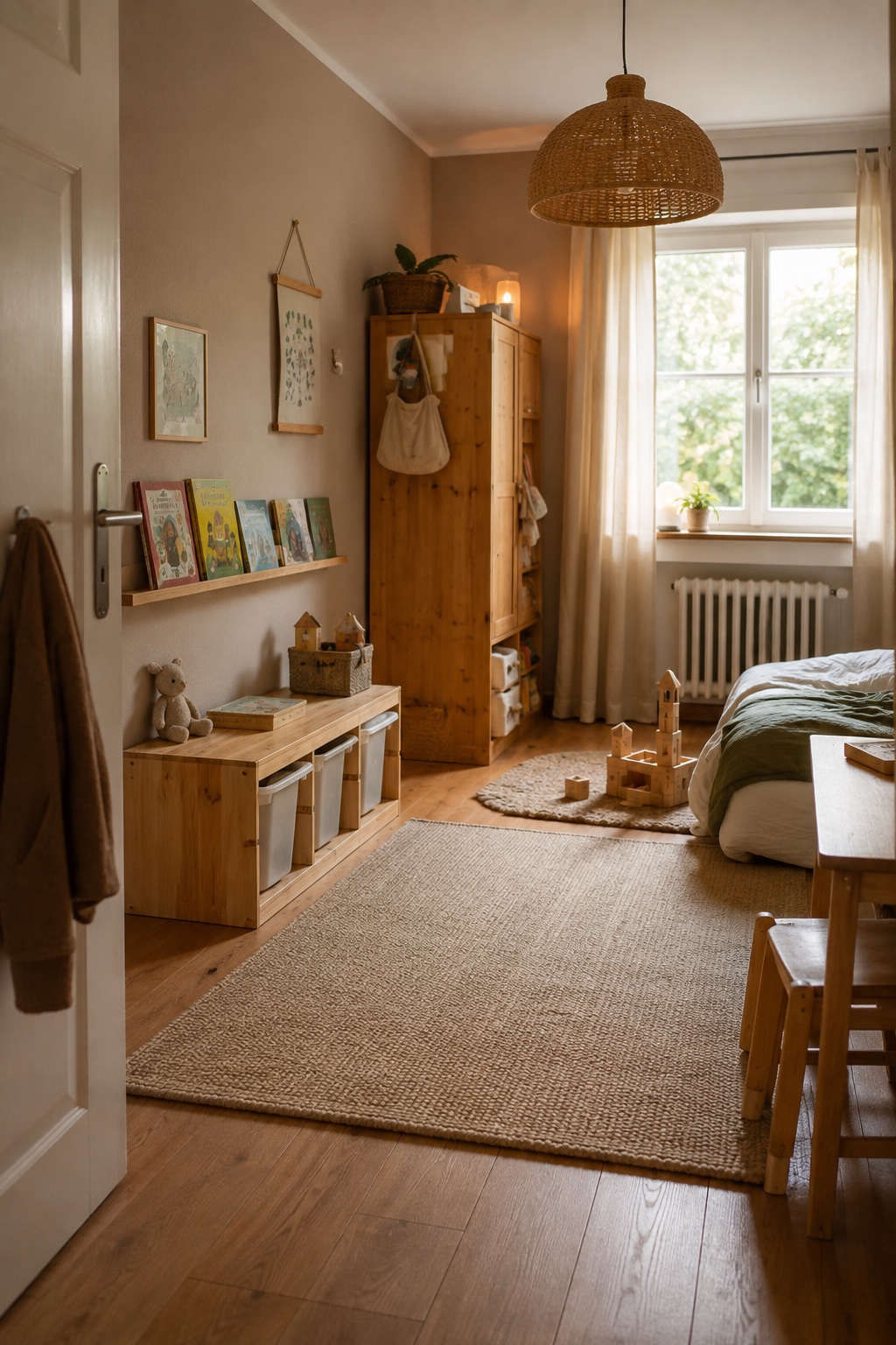 Warm eingerichtetes Kinderzimmer mit niedriger Bilderleiste und wenigen Bilderbüchern